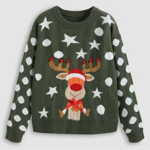 Christmas Reindeer Pattern Sweater Dark Green with White Polka Dots size XL